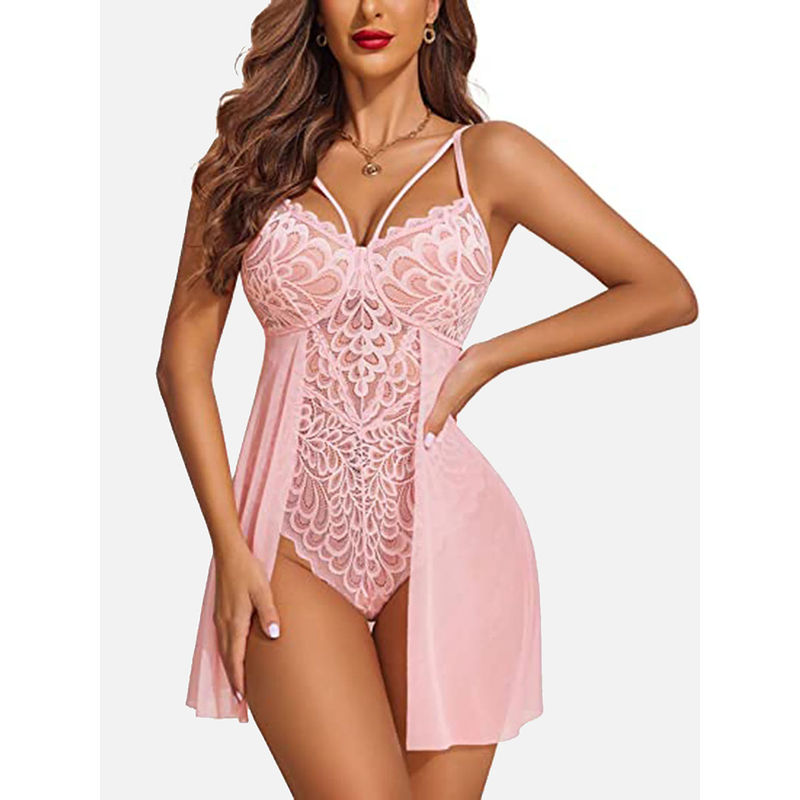 FIMS Women Pink Net Floral Lace Babydoll Lingerie Nightwear Dress (L)