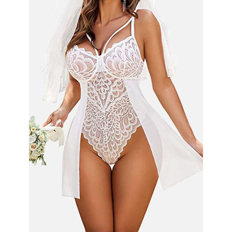 FIMS Women White Net Floral Lace Babydoll Lingerie Nightwear Dress (M)