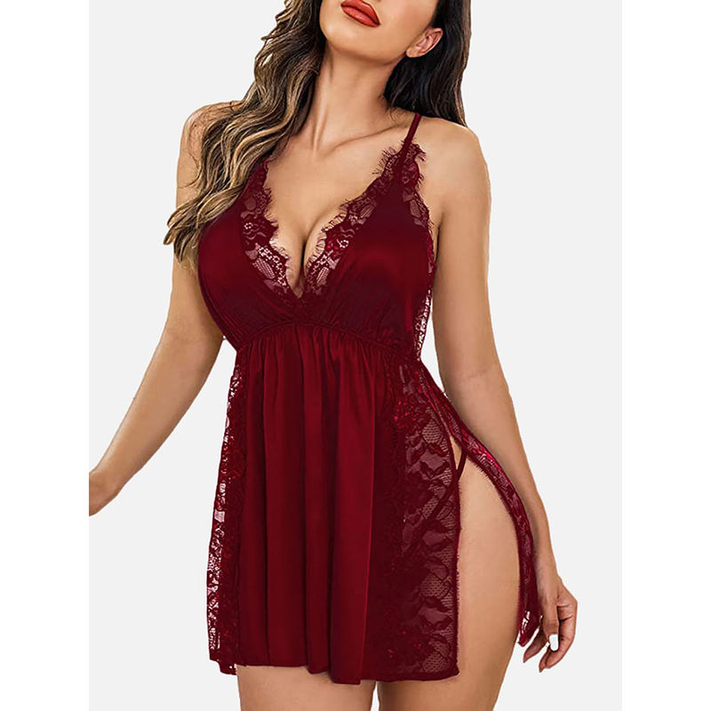 FIMS Women Maroon Satin Babydoll Lingerie Nightwear Dress with Thong (Set of 2) (XL)
