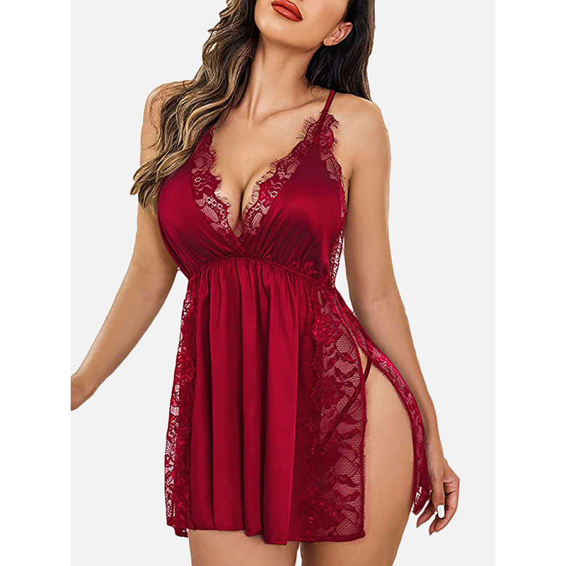 FIMS Women Red Satin Babydoll Lingerie Nightwear Dress with Thong (Set of 2) (M)