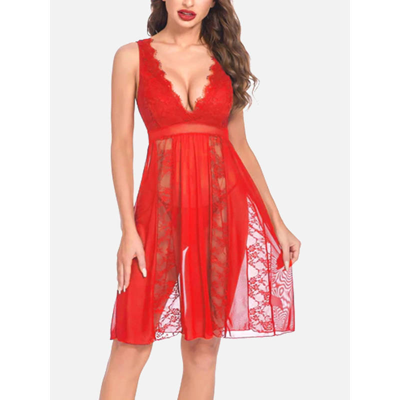 FIMS Women Red Net Babydoll Lingerie Nightwear Dress with Thong (Set of 2) (M)