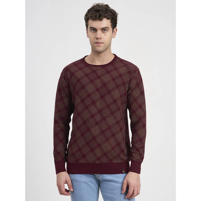 JOE Hazel Men Wine color Premium Jacquard Knit Round Neck Sweater (M)