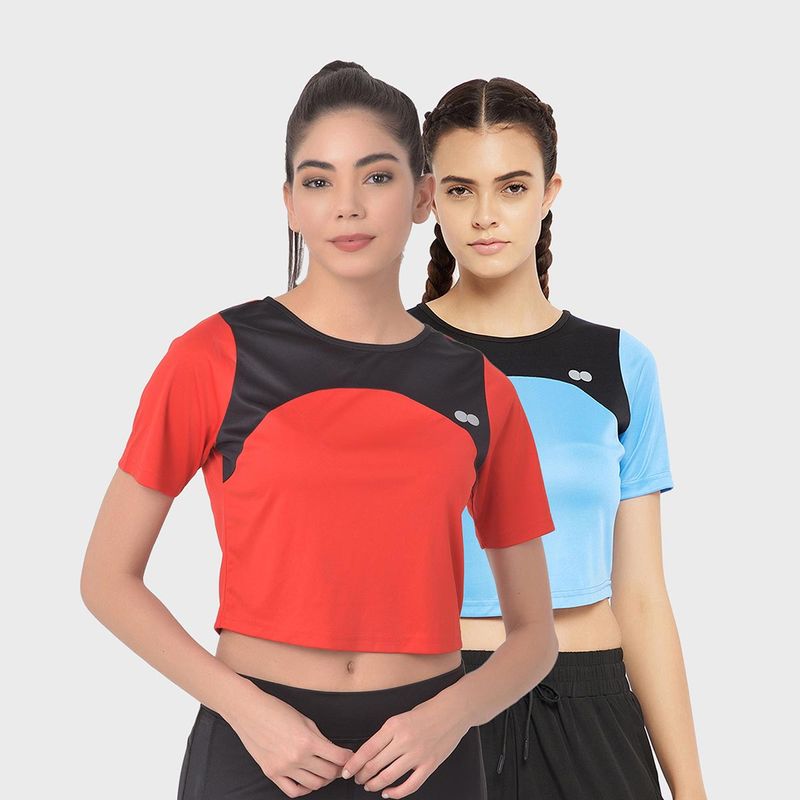 Clovia Comfort Fit Active Cropped T-shirt with Yoke Panel Multi-Color (Pack of 2)(XL)