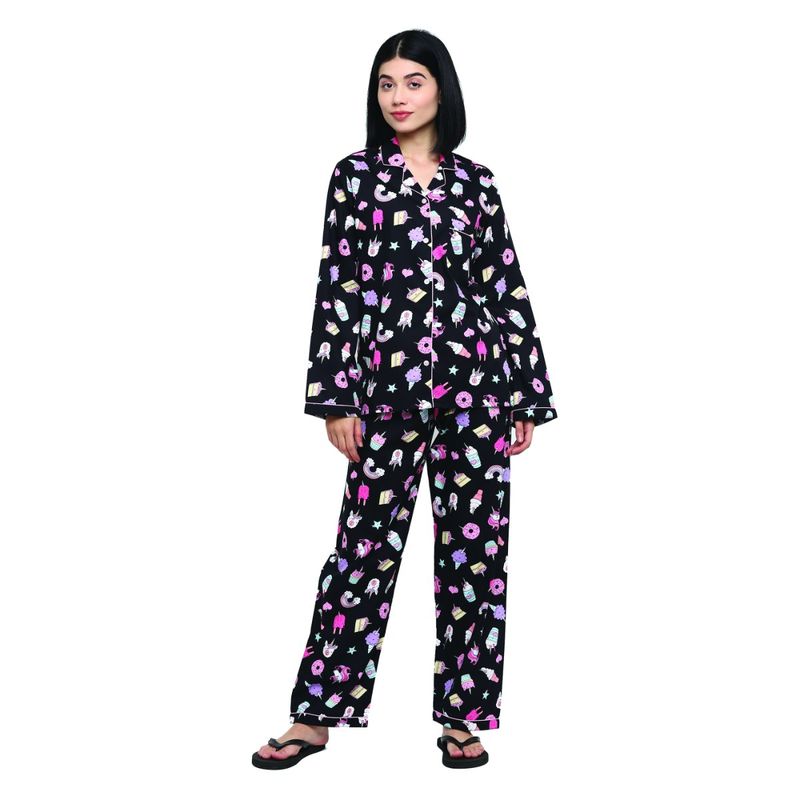 Shopbloom Cotton Black Unicorn Print Long Sleeve Women's Night Suit | Lounge Wear - Black (M)