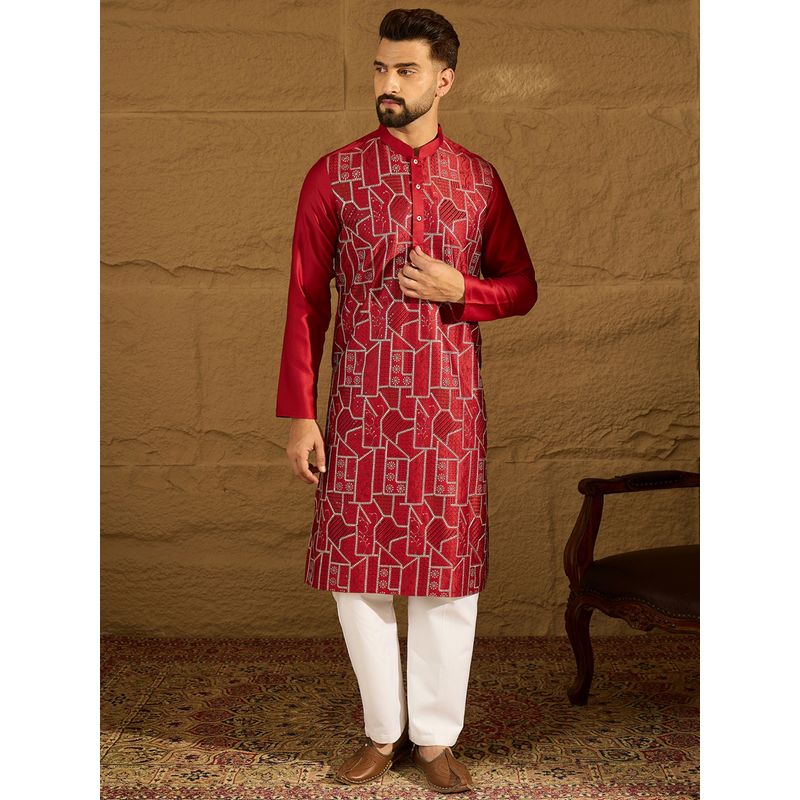 ETHNIC BAY Men Maroon Silk Blend Embroidered Straight Kurta with Pyjama (XL)