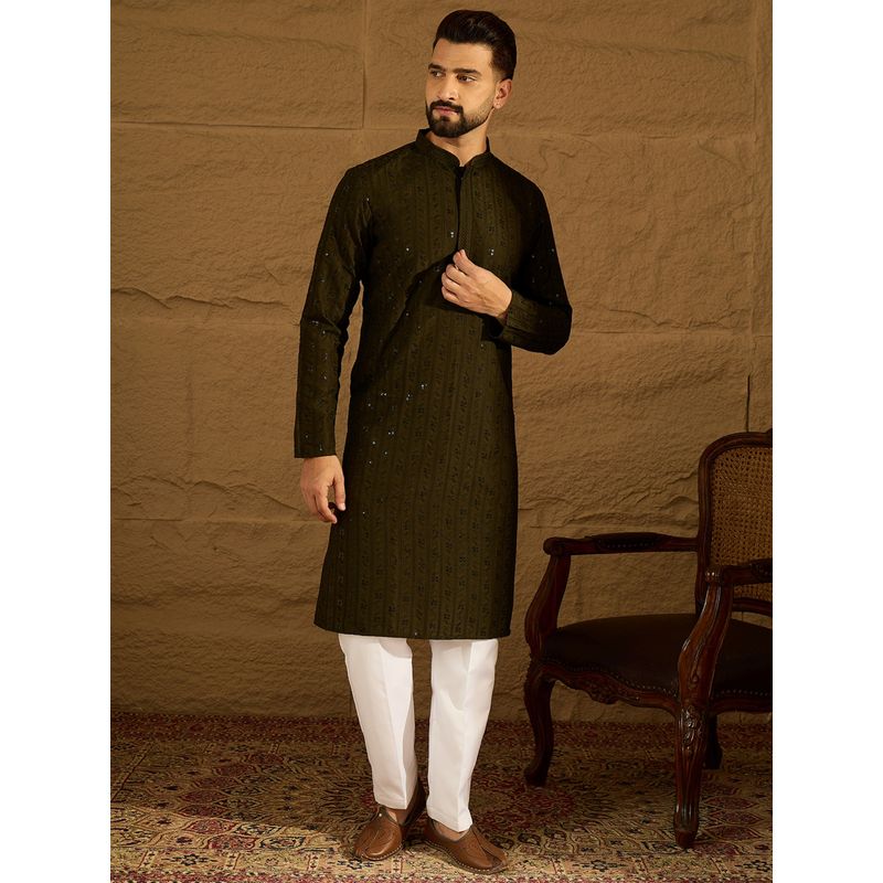 ETHNIC BAY Men Olive Viscose Rayon Embroidered Straight Kurta with Pyjama (S)