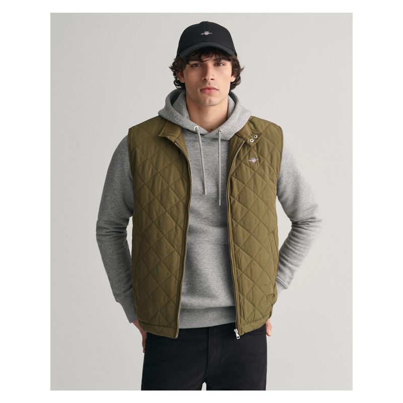 GANT Men Green Solid Stand Collar Sleeveless Quilted Jacket (M)