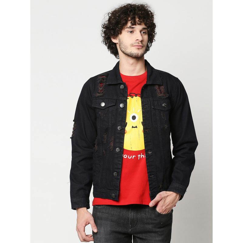 High Star Spread Collar Self Design Crop Denim Jacket (S)