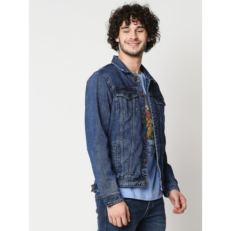 High Star Washed Spread Collar Long Sleeves Denim Jacket (S)