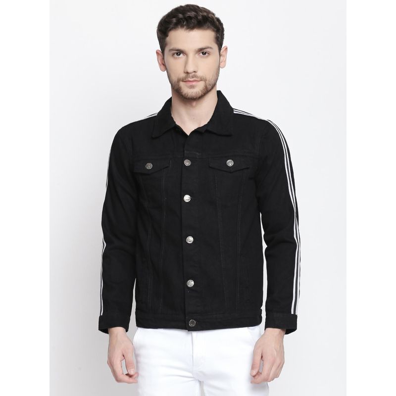 High Star Washed Spread Collar Long Sleeves Black Denim Jacket (S)