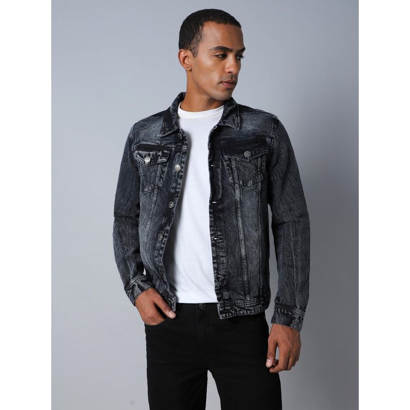 High Star Washed Spread Collar Long Sleeves Black Denim Jacket (XL)