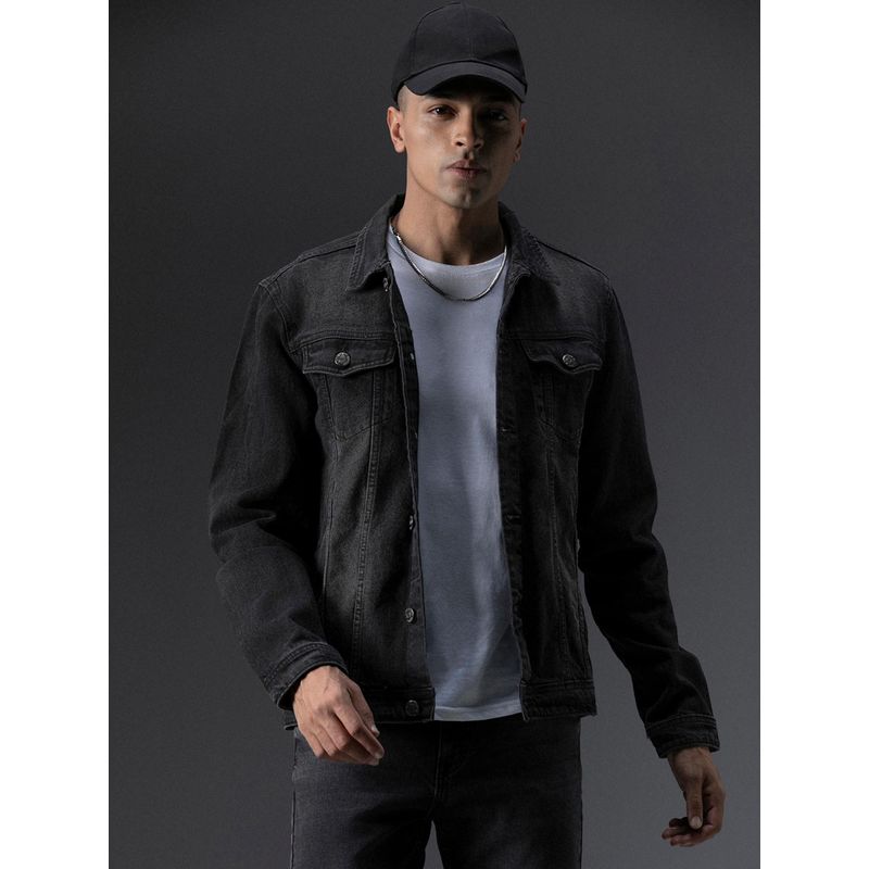High Star Washed Spread Collar Long Sleeves Black Denim Jacket (S)