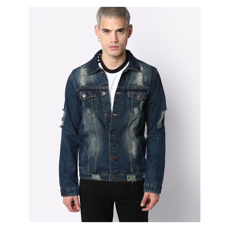 High Star Washed Spread Collar Long Sleeves Denim Jacket (S)