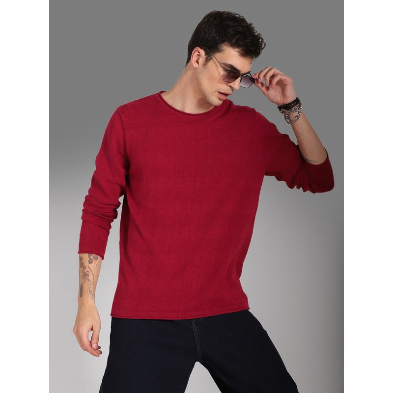 High Star Round Neck Long Sleeves Cotton Pullover Red Sweater (S)