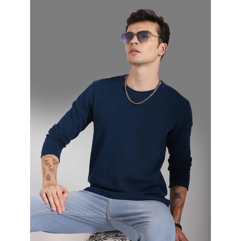 High Star Round Neck Long Sleeves Cotton Pullover Teal Sweater (M)