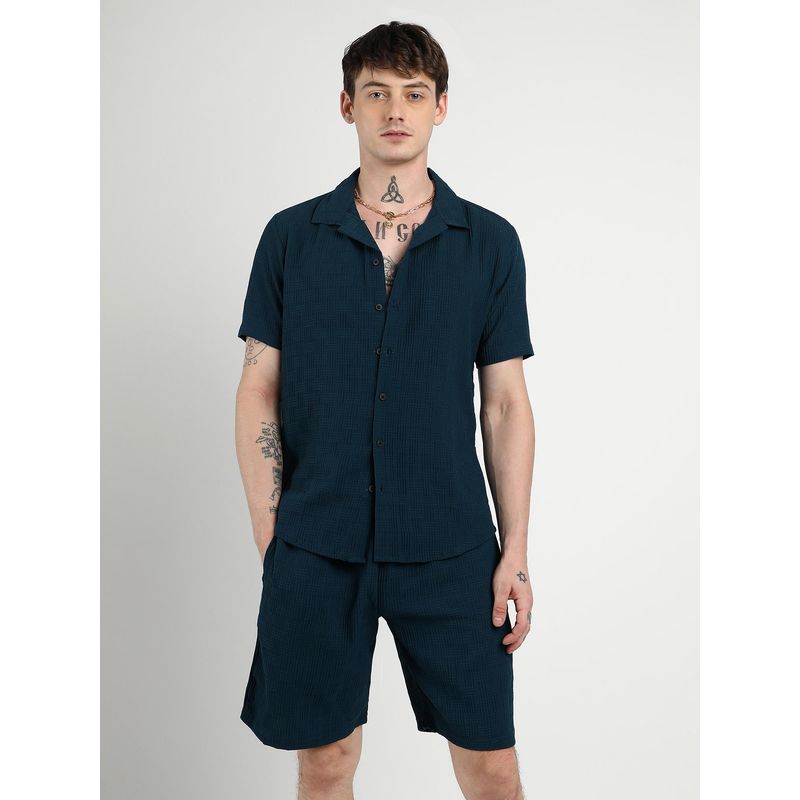 Campus Sutra Men's Navy Blue Textured Intertwine Co-Ord (Set of 2) (S)