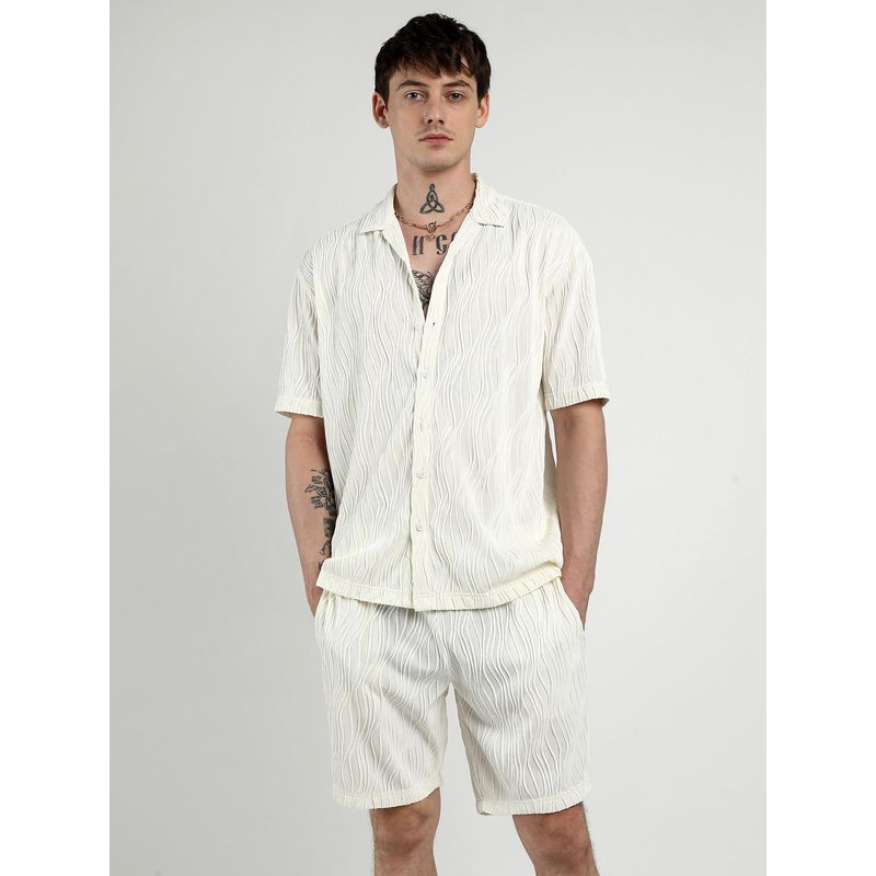 Campus Sutra Men's Ivory White Self-Design Wave Co-Ord (Set of 2) (M)
