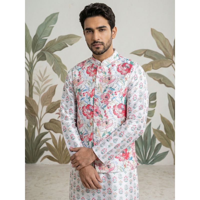Jompers White Silk Blend Floral Nehru Jacket (S)