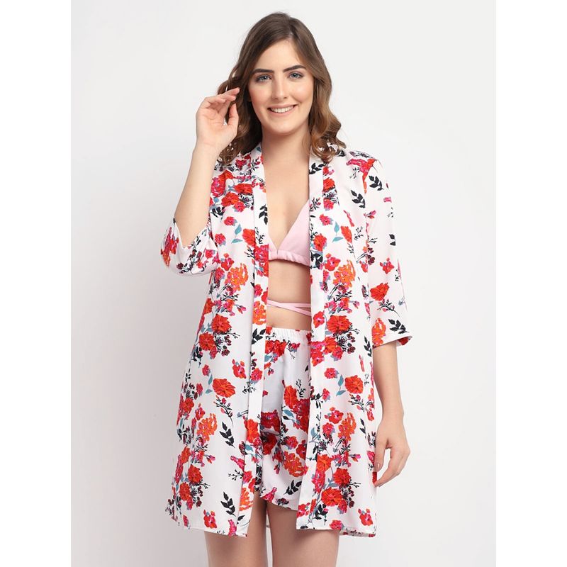 Erotissch Women White & Red Printed Beachwear Cover-Up Set (L)