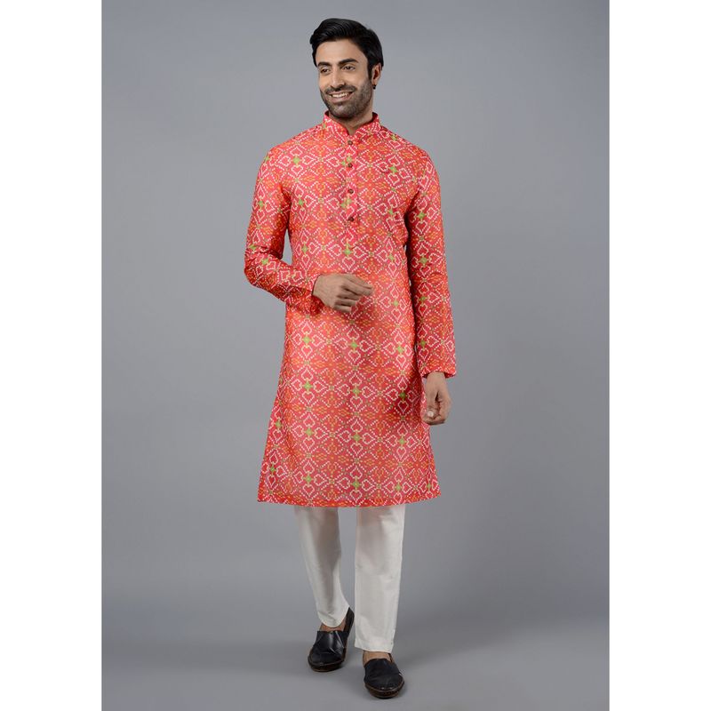 THE KURTA COMPANY Mens Red Poly Tussar Silk Comfort Fit Printed Kurta (38)