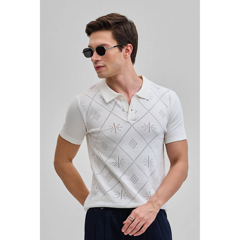 Snitch White Self-Design Knitted Half Sleeves Slim Polo T-shirt (L)