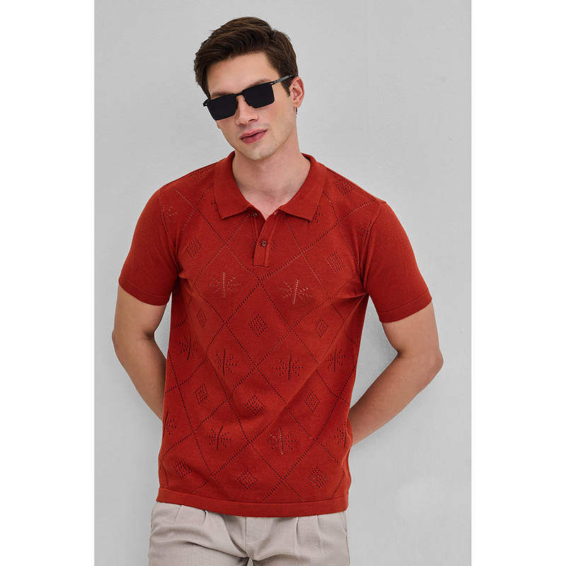 Snitch Red Buy Snitch Red Self-Design Knitted Half Sleeves Slim Polo T-shirt Online