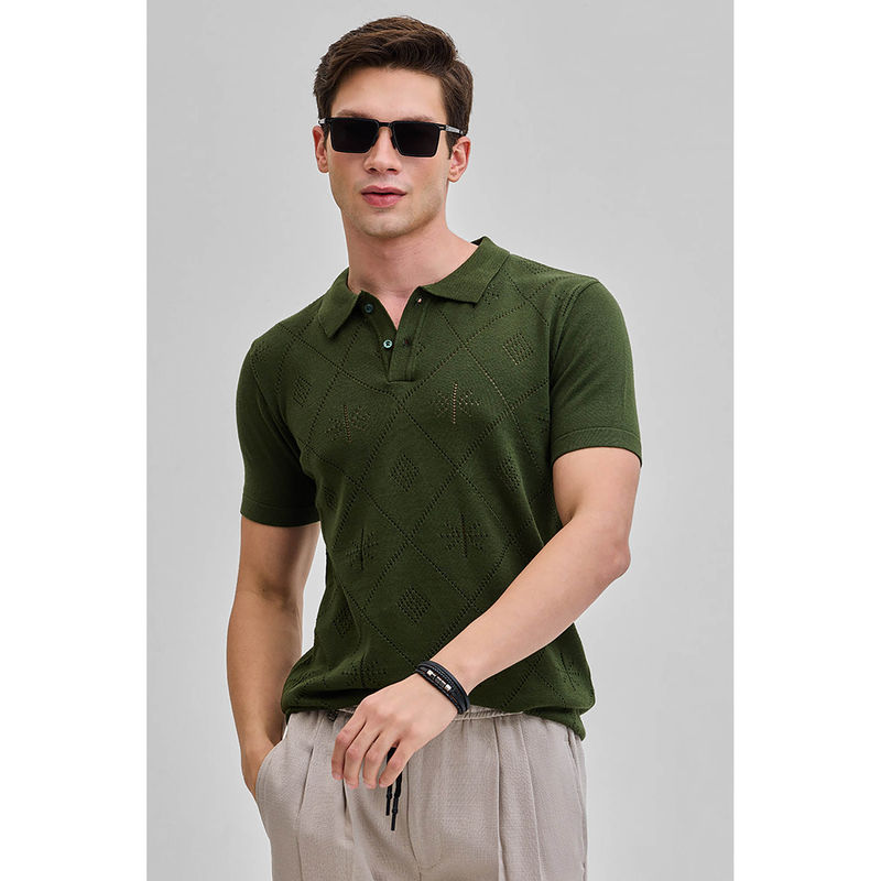 Snitch Olive Green Self-Design Knitted Half Sleeves Slim Polo T-shirt (2XL)