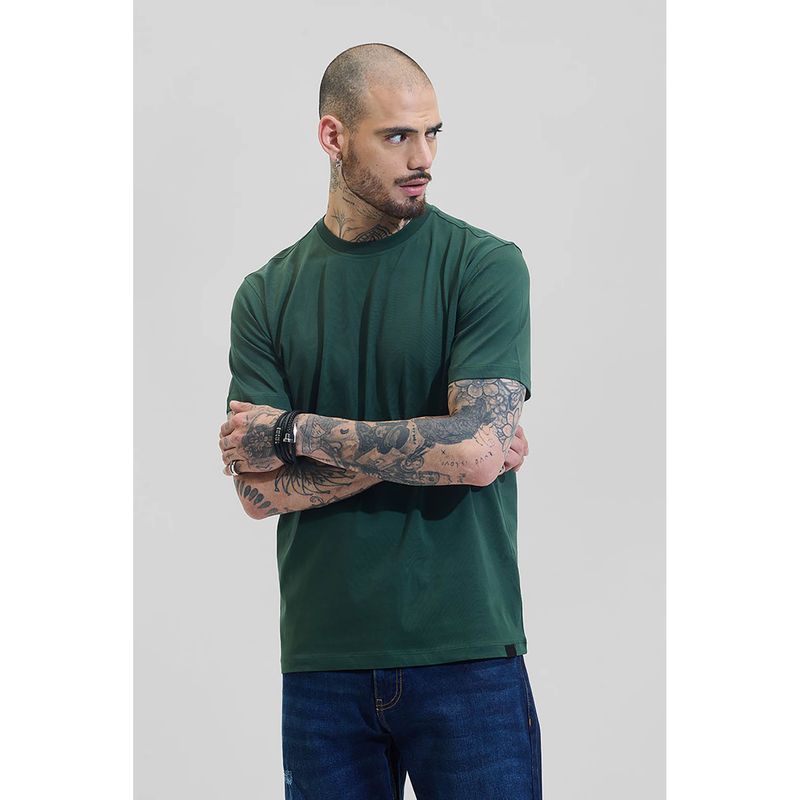 Snitch Dark Green Plain Half Sleeves Slim Casual T-shirt (L)