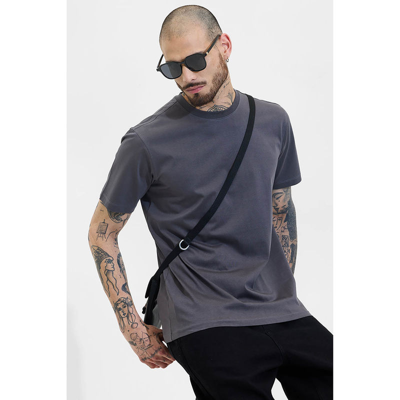 Snitch Charcoal Grey Plain Half Sleeves Slim Casual T-shirt (XS)