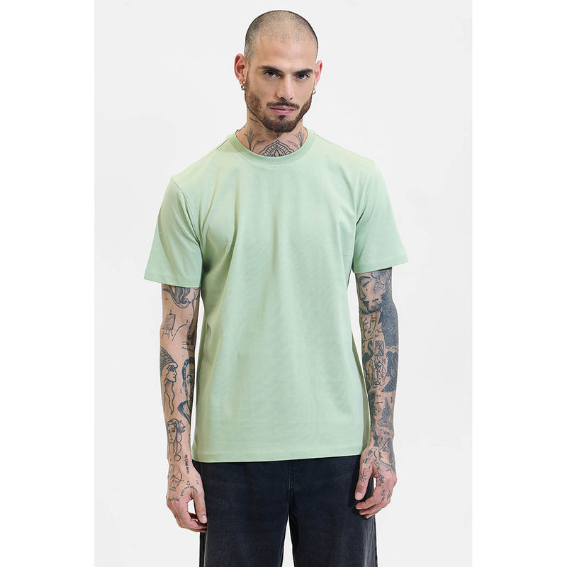 Snitch Light Green Plain Half Sleeves Slim Casual T-shirt (XS)