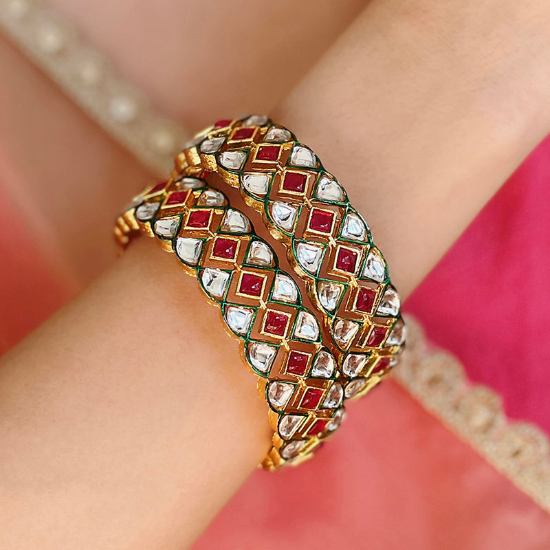 Azai by Nykaa Fashion Embellished Pink & Gold Bangles with Kundan