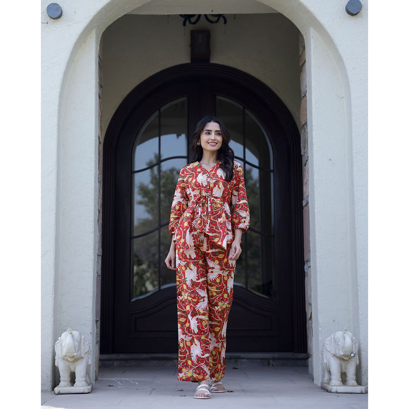 SAY Women Floral Red V-Neck Cotton Night Suit (Set of 2) (S)