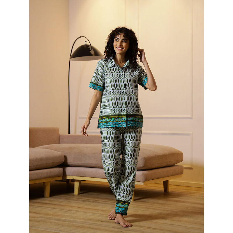 SAY Women Geometric Off White Round Neck Cotton Night Suit (Set of 2) (L)