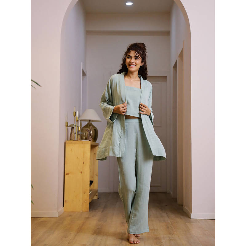 SANSKRUTIHOMES Women Solid/Plain Green Square Neck Cotton Night Suit (Set of 4) (L)