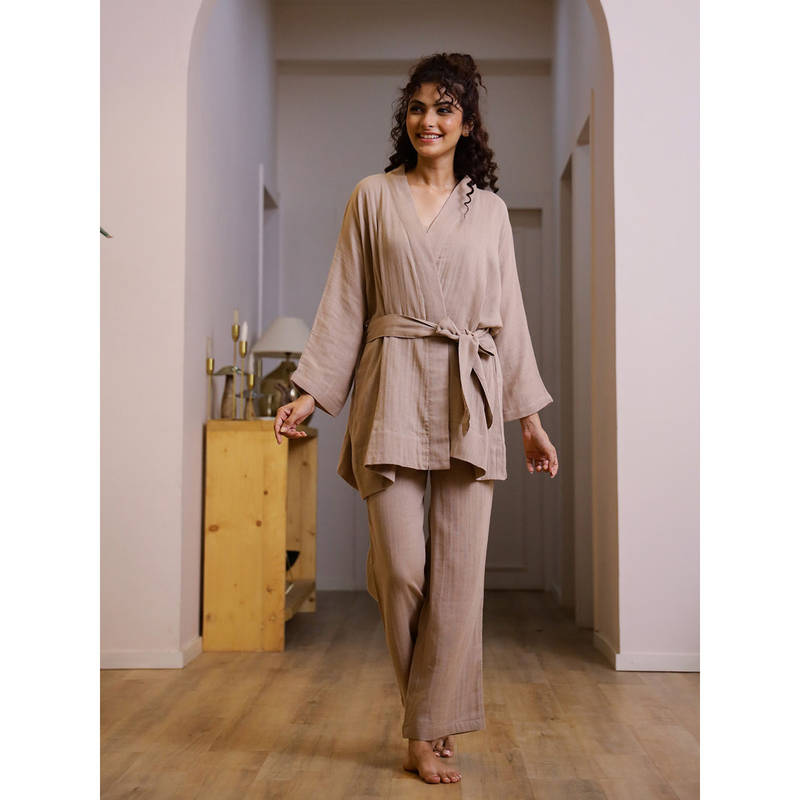 SANSKRUTIHOMES Women Solid/Plain Brown Square Neck Cotton Night Suit (Set of 4) (M)
