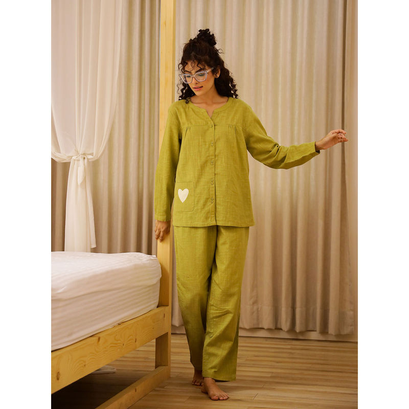 SAY Women Solid/Plain Lime Olive Mandarian Neck Cotton Night Suit (Set of 2) (XL)