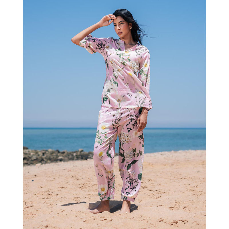 SAY Women Floral Pink Mandarin Collar Cotton Night Suit (Set of 2) (S)