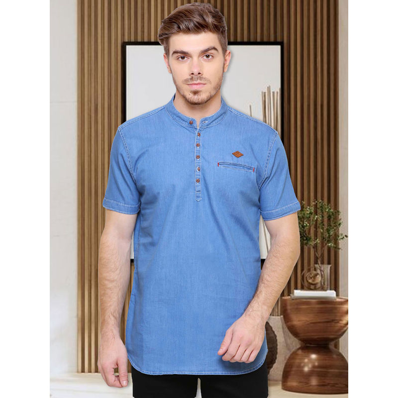 KUONS AVENUE Blue Men Denim Half Sleeve Short Kurta (M)