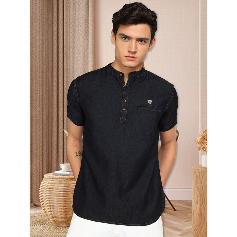 KUONS AVENUE Black Men Denim Half Sleeve Short Kurta (M)