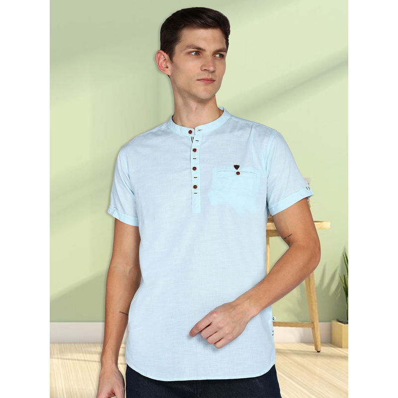 KUONS AVENUE Blue Men Linen Cotton Half Sleeve Short Kurta (2XL)