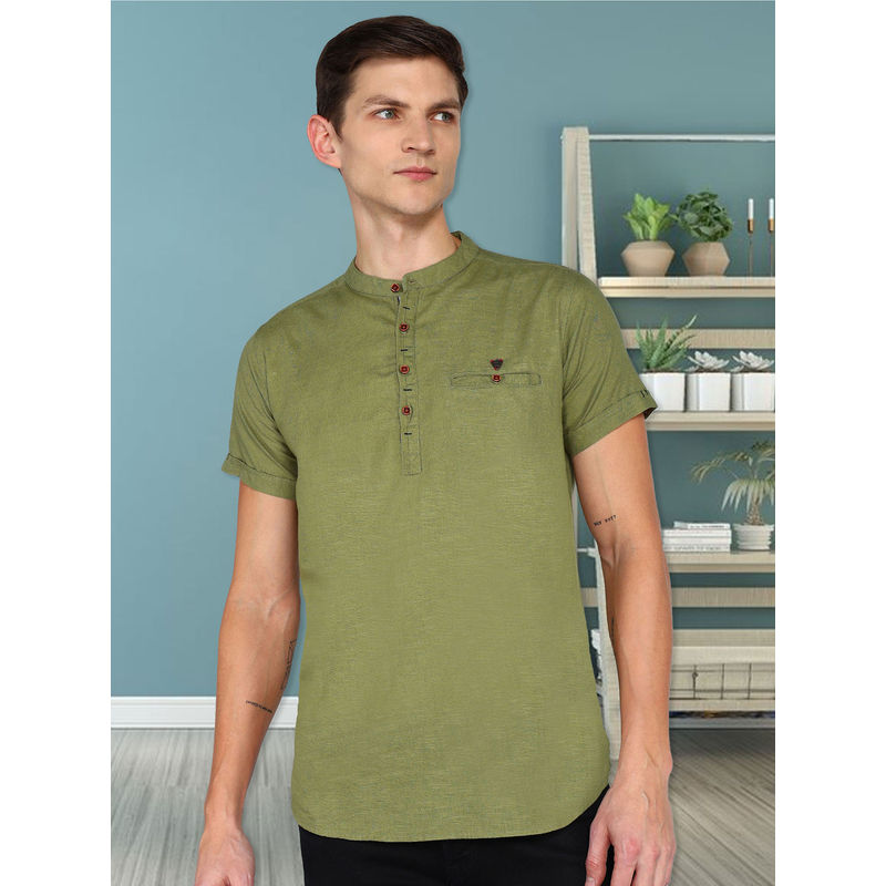 KUONS AVENUE Olive Men Linen Cotton Half Sleeve Short Kurta (2XL)