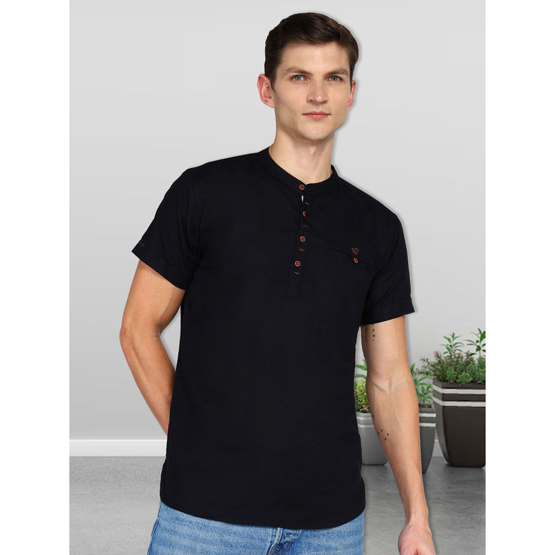 KUONS AVENUE Black Men Linen Cotton Half Sleeve Short Kurta (XL)