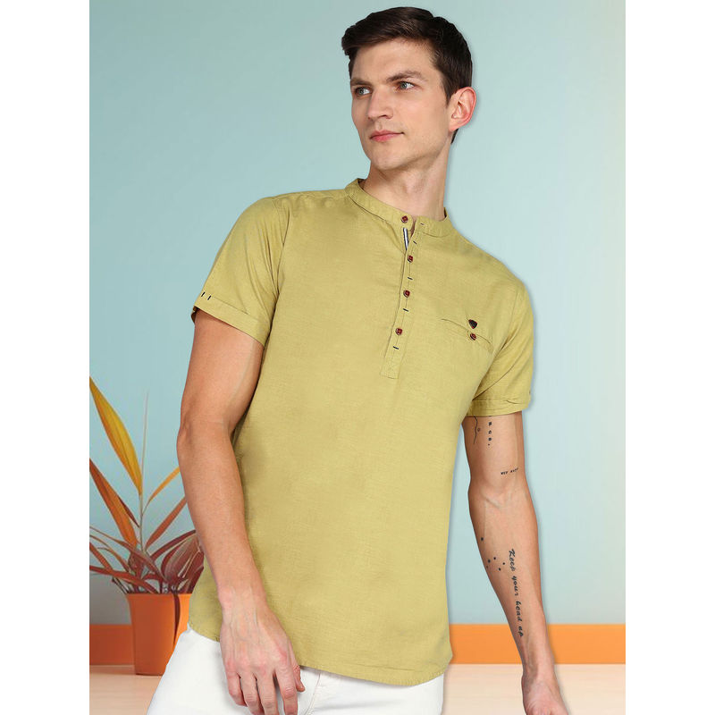 KUONS AVENUE Khaki Men Linen Cotton Half Sleeve Short Kurta (XL)