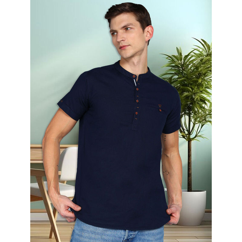 KUONS AVENUE Indigo Men Linen Cotton Half Sleeve Short Kurta (M)