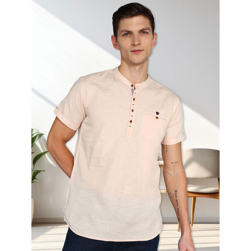KUONS AVENUE Beige Men Linen Cotton Half Sleeve Short Kurta (M)