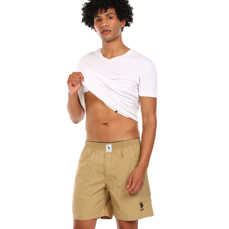 U.S. POLO ASSN. Men Khaki Cotton Solid Boxer Shorts (M) Khaki (M)