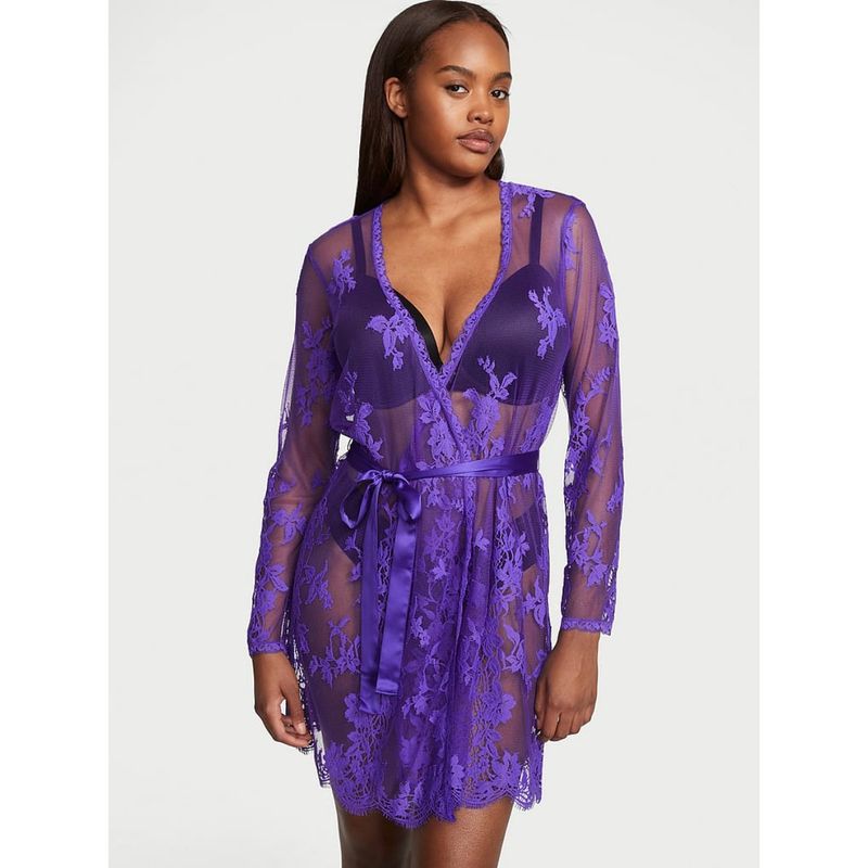 Victoria's Secret Purple Sheer Lace Wrap Robe with Belt (Set of 2) (XS-S)
