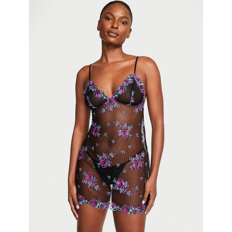 Victoria's Secret Black Floral Embroidery Sheer Mesh Slip with Panty (Set of 2) (XS)