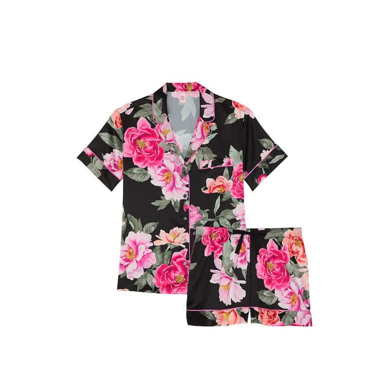 Victoria's Secret Black Glazed Satin Shirt & Shorts (Set of 2) (S)