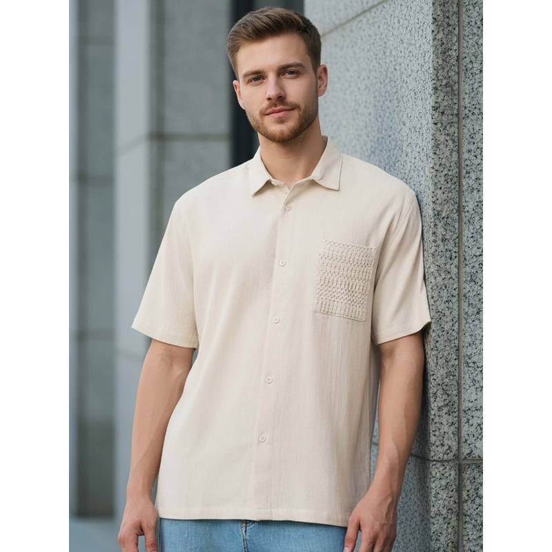 Bewakoof Men's Off White Textured Oversized Shirt (S)